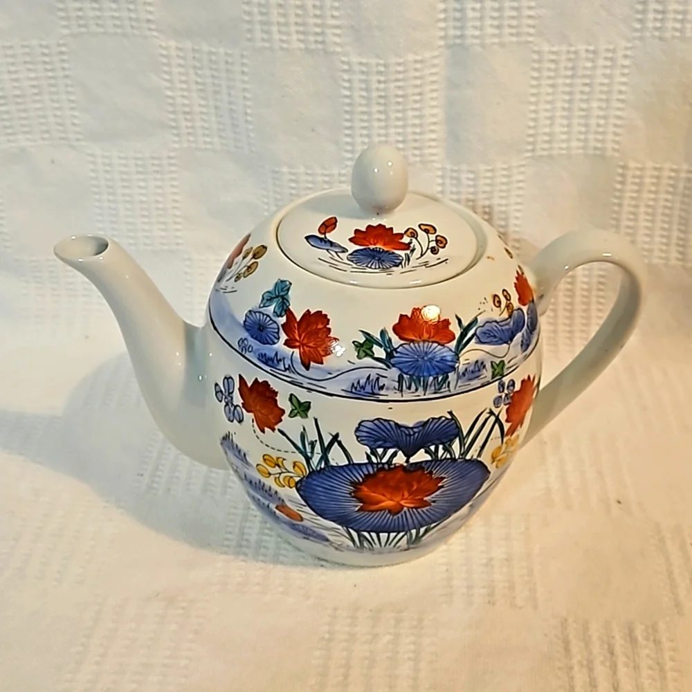 Vintage Williams Sonoma Grande Cuisine Ceramic Teapot Asian Floral Motif